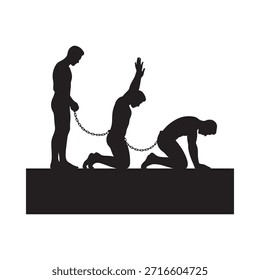Silhouettes of two men one standing and one kneeling connected by a chain link