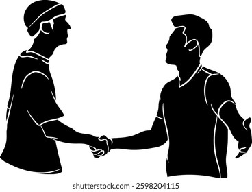 Silhouettes of two men shaking hands because they haven't seen each other for a long time