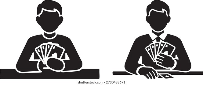 Silhouettes of two men sitting at a table, holding playing cards discreetly, ready to play a game such as poker or bridge, hinting at chance and strategy.