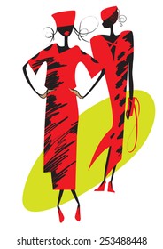 silhouettes of two models in red dress walking on the catwalk