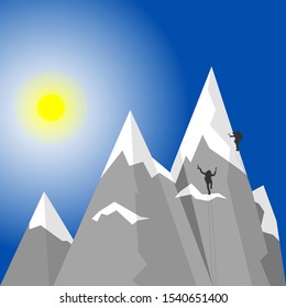 Silhouettes of two mountain climbers climb a mountain with snowy peaks against the blue sky and the sun. Vector art