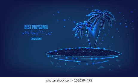 Silhouettes of two palm trees on an islet from polygons and points. Dream concept or Concept of vacation, trip, travel or tourism. Background of beautiful dark blue night sky. Low poly
