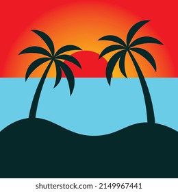 Silhouettes de dos palmeras en la playa al atardecer, ilustración de estilo moderno en vector.