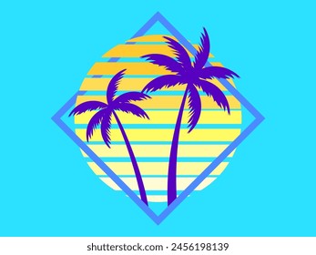 Silhouettes of two palm trees at sunset in a retro futuristic style. Composition of palm trees at sunset in a square frame. Design of advertising banners and posters. Vector illustration
