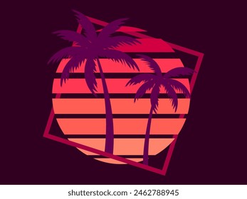 Silhouettes of two palm trees at sunset in a retro futuristic style. Composition of palm trees at sunset in a square frame. Design of advertising banners and posters. Vector illustration