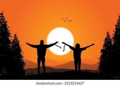 Silhouettes of Two People Breaking Free from Chains at Sunset, Symbolizing Liberation and Freedom. Concept of Liberty, Emancipation, and the Abolition of Slavery.