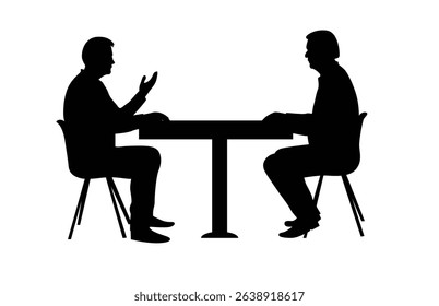 Silhouettes of Two People Discussing Business at the Table. White collar men at work current affairs discussion