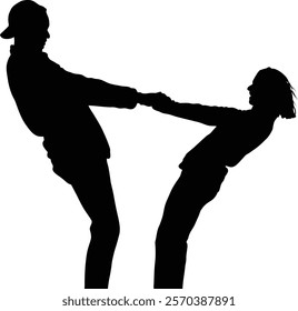Silhouettes of two people playfully interacting, hands clasped.