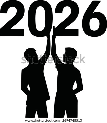 Silhouettes of two people reaching up to hold the numbers '2026', symbolizing future goals and aspirations.