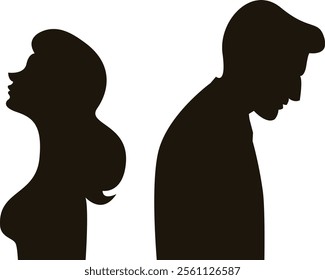 Silhouettes of two people standing back-to-back, one with long hair looking up and the other with short hair looking down, symbolizing conflict and separation.