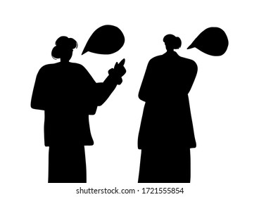 Silhouettes of two people who are talking isolated on white background. Mom is talking with her daughter. Simple vector flat illustration.