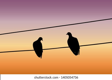Silhouettes of two pigeons sitting on a wire and looking at each other against the sunset sky. Vector illustration
