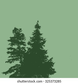 Silhouettes of two pine trees on a green background with space for your text, vector illustration