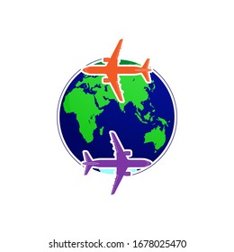 Las siluetas de dos aviones vuelan por todo el mundo. Diseño plano para un logotipo, una etiqueta para su sitio o aplicación
