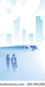 Silhouettes of two professionals walk toward a futuristic train. Cityscape looms in soft blue tones behind them. Modern architecture glows subtly under pale sky. Business figures move with purpose