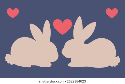 Silhouettes of Two rabbits with hearts on a dark blue background Vector image