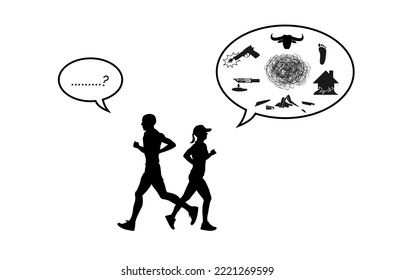 Silhouettes of two runners shout a greeting to each other during jogging, vector 