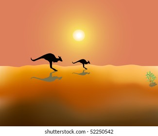 Silhouettes of two running kangaroos on desert in Australia in a hot sunny day