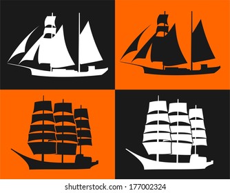 silhouettes of two ships with a colored background