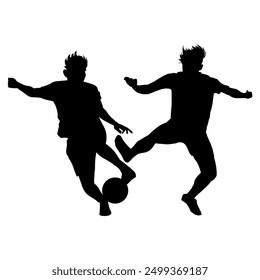 Silhouettes of two soccer players dribbling the ball on a transparent background. Perfect for logos, icons, stickers and tattoos