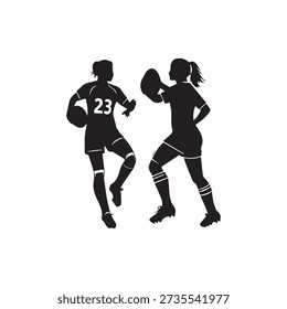 Silhouettes of two softball players, one with ball and glove, other ready. Capturing dynamic action in game, fielding, catching, throwing, pitching, and sport. Teamwork and competition.