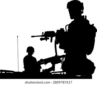 Silhouettes of two soldiers against a stark white background. One stands guard, holding a heavy machine gun. The other sits, watching vigilantly from a vehicle