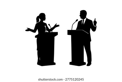 Silhouettes of two speakers engaging in a public political debate