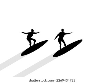 Silhouettes of two surfers riding the waves. Active rest, hobby. Design for banners, posters and promotional items. Vector illustration