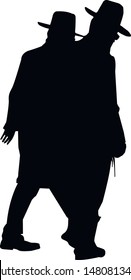 Silhouettes of two talking men hebrew. Religious Jews in a traditional costume. Hasid with sidelocks in a long frock coat and hat. Isolated vector illustration. Black on white.
