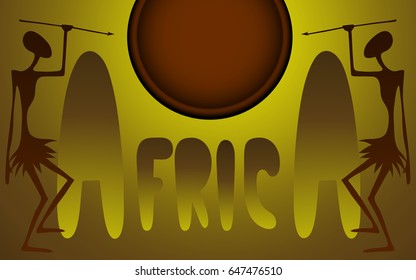 Silhouettes of two thin dancing people with spears on a yellow brown background, the word africa and the dark red sun