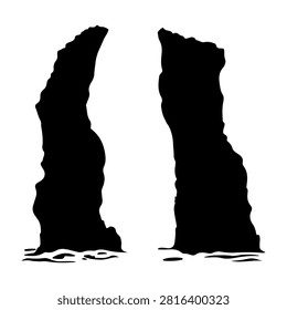 Silhouettes of two towering rock formations rising from water, creating a striking natural landscape scene with a clear sky background.