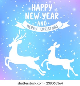 silhouettes of two white and beautiful deer. amazing christmas card