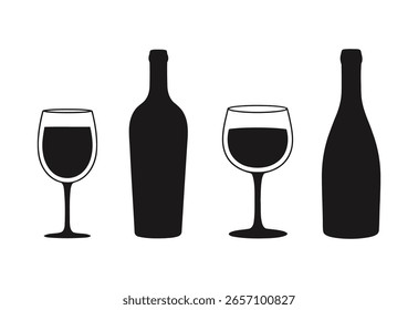 Silhuetas de duas garrafas de vinho e dois copos de vinho cheios de líquido escuro sobre um fundo branco. Imagem de bebida clássica.
