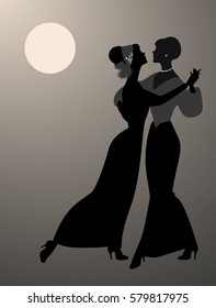 Silhouettes Of Two Women Dancing Together Under The Moon And Wearing 19th Century Clothes. Queer Dancing