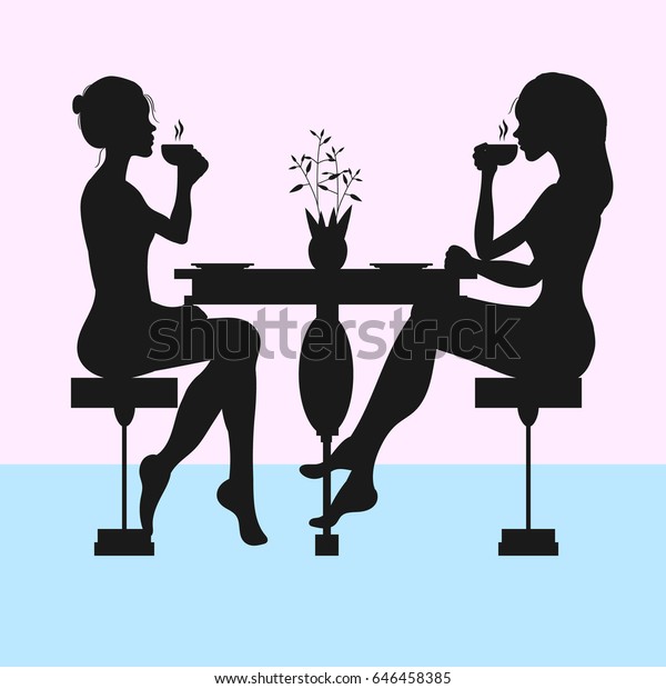 2人の女性が紅茶やコーヒーを飲むシルエット のベクター画像素材 ロイヤリティフリー