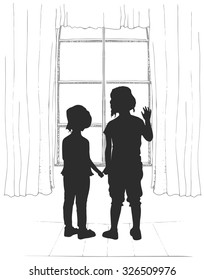 Silhouettes of two young girls, looking at the window