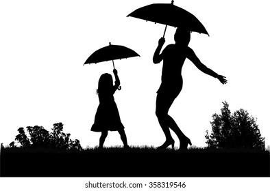 Silhouettes under the umbrella.