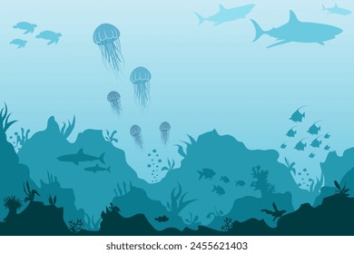Silhouettes of underwater animals.Vector illustration with silhouettes of the underwater world in blue colors.