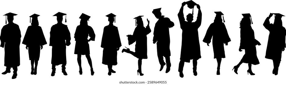 Silhouettes of university graduates in robes. Girls and boys in robes. Graduation at the institute. Black silhouettes of people with academic degrees. Specialist, Master, Bachelor.