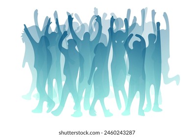 Silhouettes of unrecognizable people holding hands up and having fun. Amazing music performance. Cheerful crowd of people cheering applause. Party disco, concert, sport. Happy Fans vector illustration