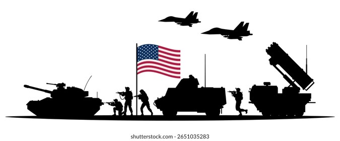  Silhouettes of US military vehicles, soldiers, missile launchers, tanks, and fighter jets with American flag isolated on white background. United States army strength and global military presence.