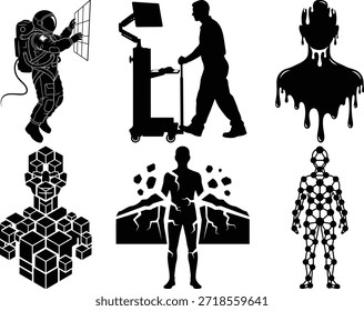 Siluetas de diversas actividades y objetos aislados sobre fondo blanco, Vector