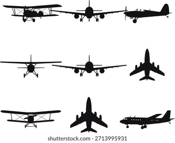 Silhouettes of Various Airplanes in Different Views