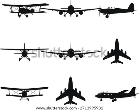 Silhouettes of Various Airplanes in Different Views