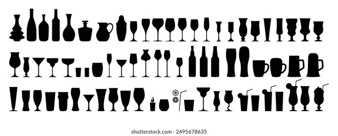 Silhouettes various alcohol cocktail glasses bar set. Black Isolated Glasses of wine, glasses of beer, bar bottles and shot glasses. Vector illustration