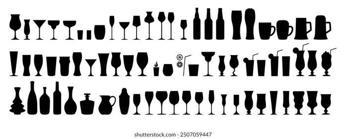 Silhouettes various alcohol cocktail glasses bar set. Black Isolated Glasses of wine, glasses of beer, bar bottles and shot glasses. Vector illustration