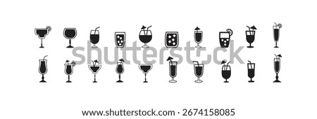 Silhouettes various alcohol cocktail glasses bar set. Drinks and cocktails icon set with various types of glasses. Black Isolated Glasses of wine, glasses of beer, and shot glass.