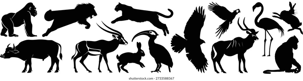 Siluetas de varios animales, incluyendo gorila, león, antílope y flamenco. Las siluetas de animales muestran la diversidad de la vida silvestre. Perfecto para diseños de temática animal. Conjunto de Vectores de elemento.