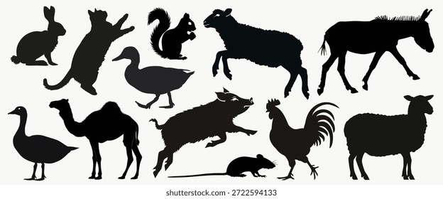 Silhouettes of various animals including sheep, donkey, duck, and squirrel. Animal silhouettes in black. Farm animals and wildlife in silhouette form. Animal illustration vector.