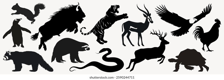 Silhouettes of various animals including a tiger, eagle, and tortoise. Animal silhouettes in black, featuring diverse wildlife forms and species in silhouette. Element vector set.